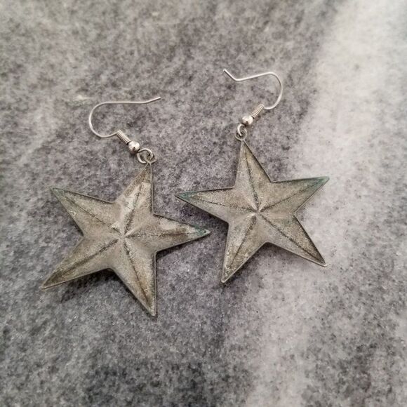 Vintage Silver Tone Star and Rhinestone Dangle Earrings, Estate - Picture 2 of 5